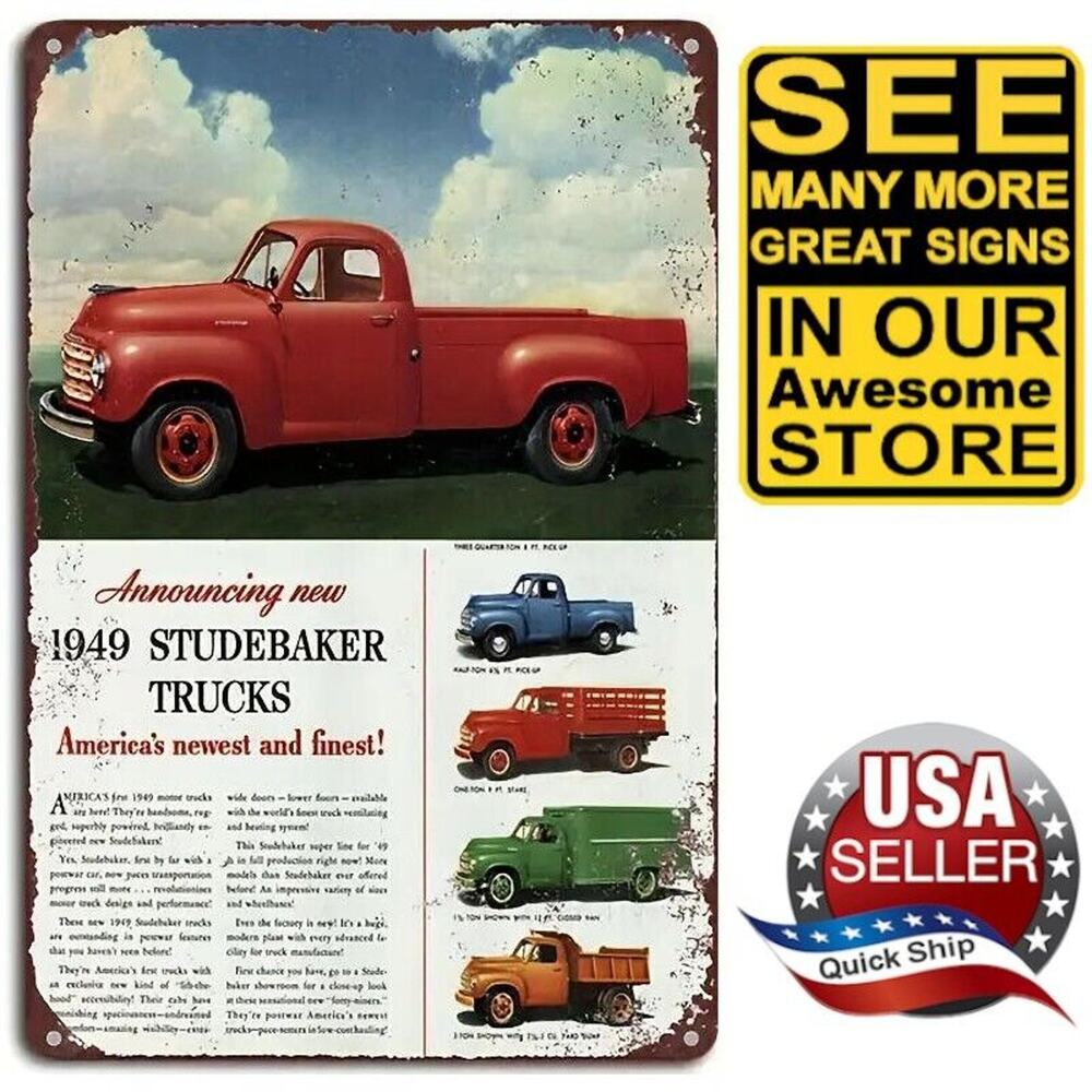 Tin Sign •1949 Studebaker Ad • Half Ton PU, Dump Truck, Stake Side, Closed Van